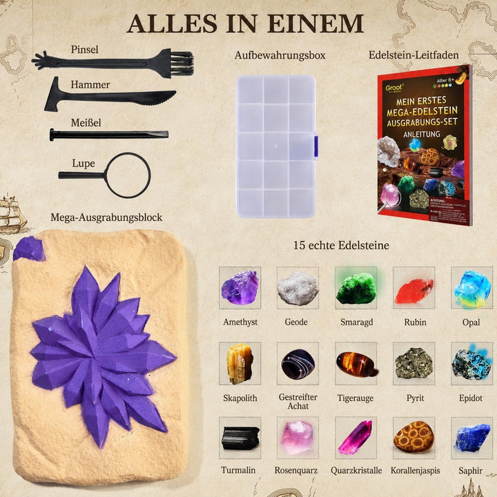 Mein erstes Mega ausgrabungsset für Kinder, 15 echte Kristalle und Edelsteine ausgraben, STEM Wissen