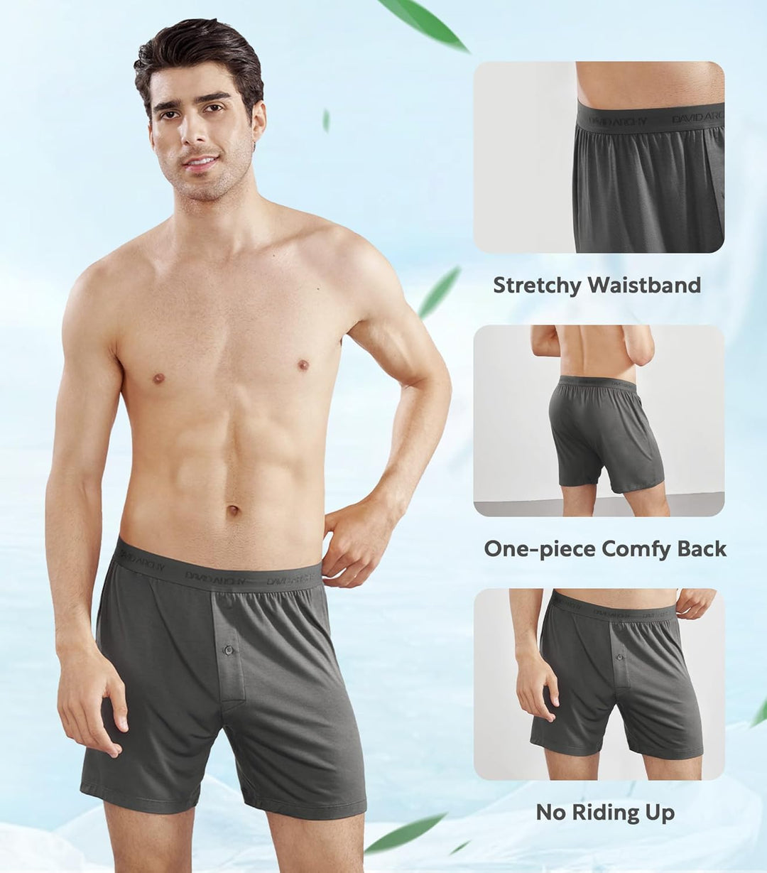 DAVID ARCHY Herren Boxershorts aus Bambusviskose, ultraweich & atmungsaktiv,lockere Passform mit Kno