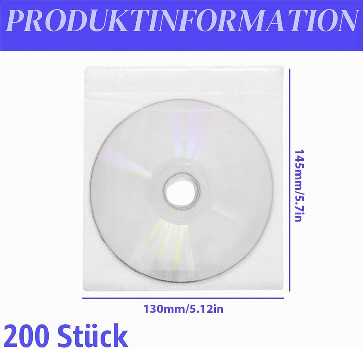 CD/DVD/BluRay Hüllen, 200 Stück CD-DVD-Schutzhüllen, Doppelseitige Standard-Kunststoffhülle für CD,