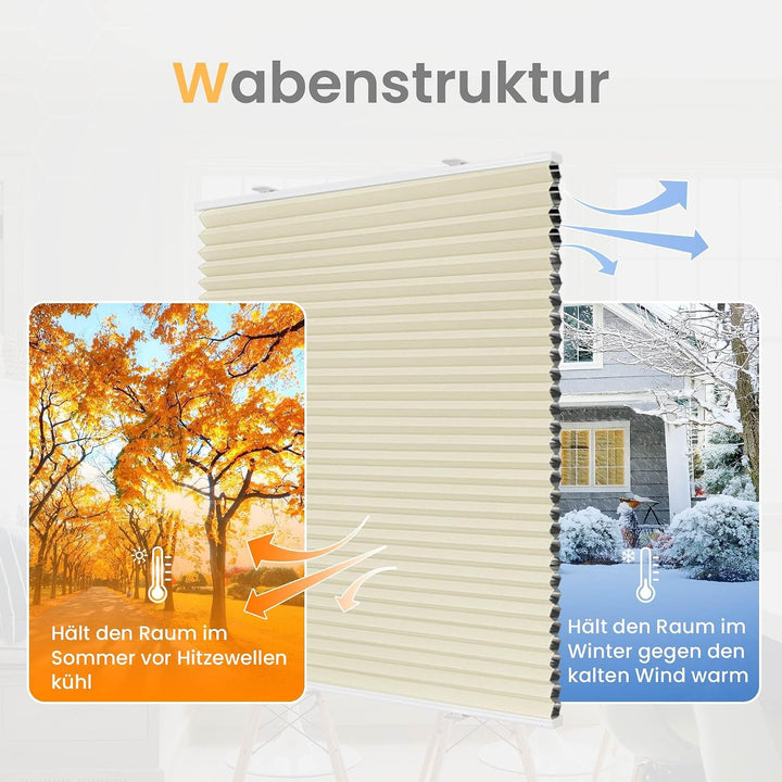 BelleMax Wabenplissee ohne Bohren verdunkelung Thermo plissee klemmfix, Beige-weiss 50x110cm(BxH), 1