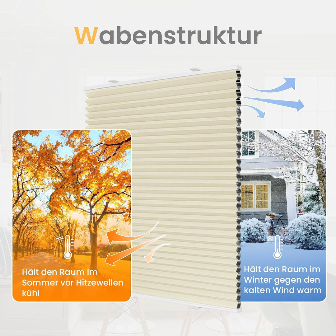 BelleMax Wabenplissee ohne Bohren Verdunkelung Thermo Plissee Klemmfix, Beige-weiss 75x130 cm (BxH),