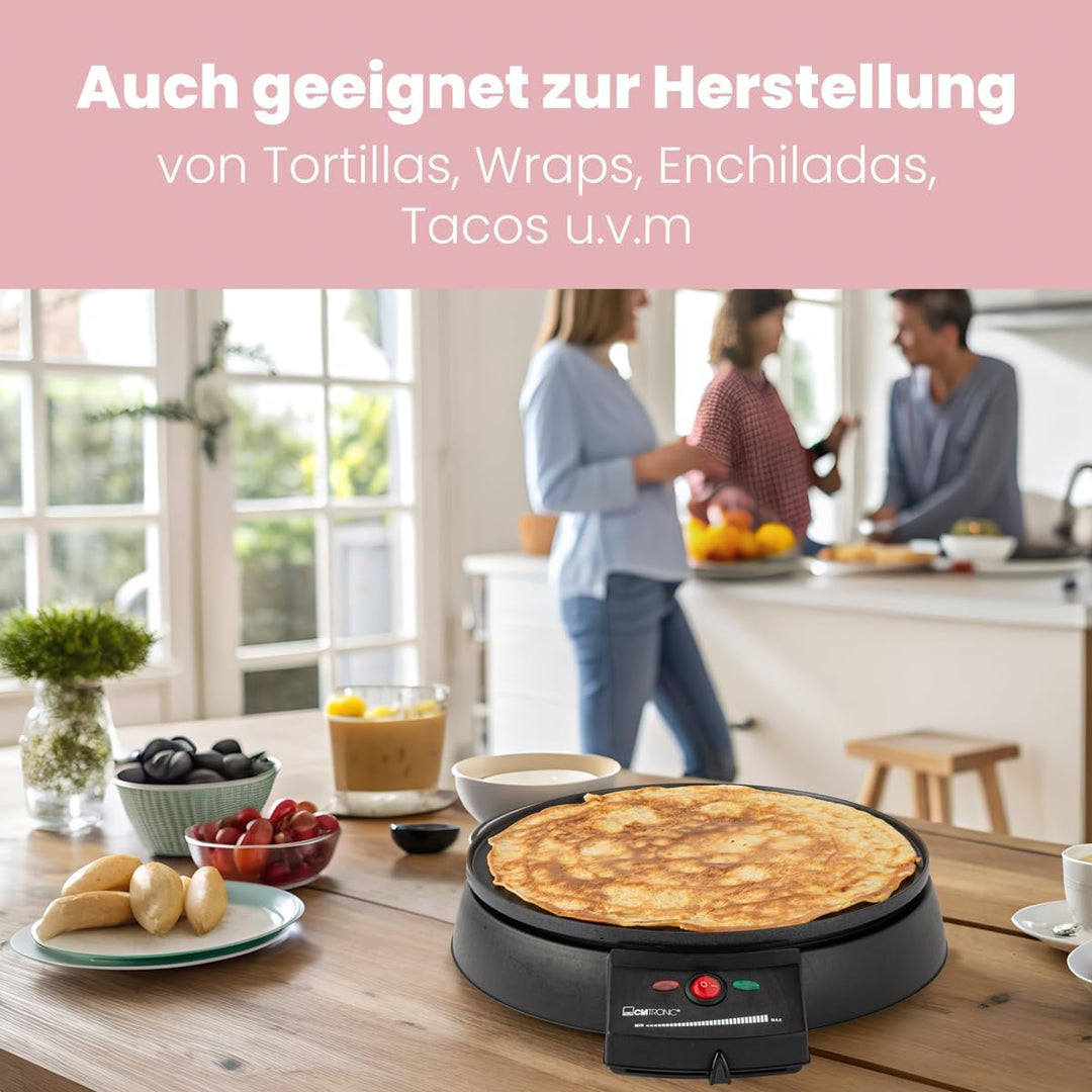 Clatronic CM 3372 Crepe-Maker, antihaft-beschichtete Platte: Ø 29 cm, Set inkl. Teigverteiler, Crepe