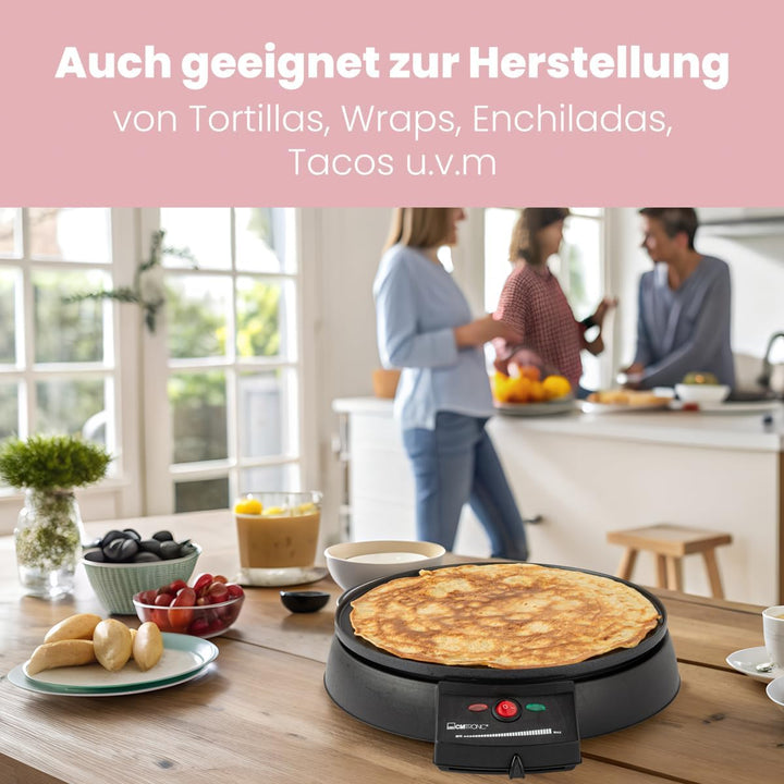 Clatronic CM 3372 Crepe-Maker, antihaft-beschichtete Platte: Ø 29 cm, Set inkl. Teigverteiler, Crepe