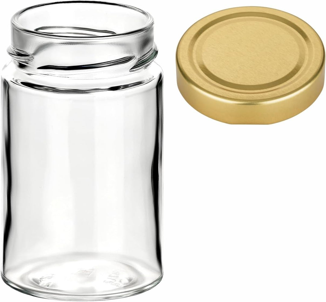 gouveo 12er Set Einmachgläser 212 ml Klassik mit Schraubdeckel goldfarben - Kleine Vorratsgläser mit