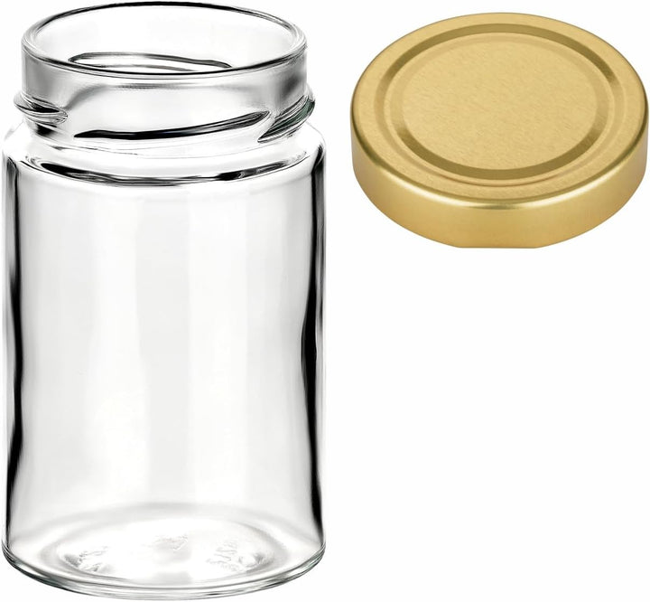 gouveo 12er Set Einmachgläser 212 ml Klassik mit Schraubdeckel goldfarben - Kleine Vorratsgläser mit