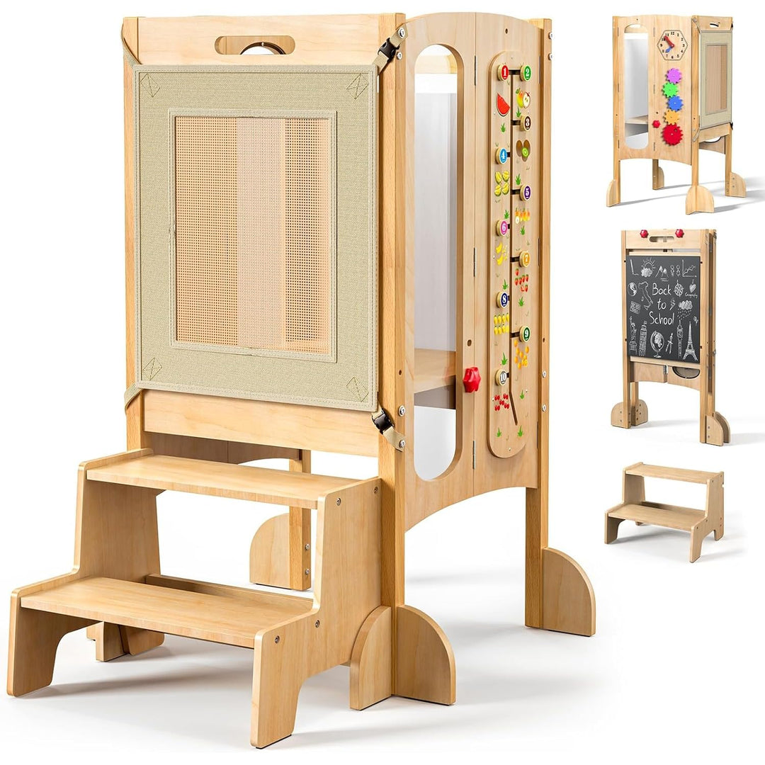 Lernturm Klappbar, 2 Fach Höhenverstellbar-Montessori Lernturm ab 1 Jahr aus Birke, Vormontiert/Plat