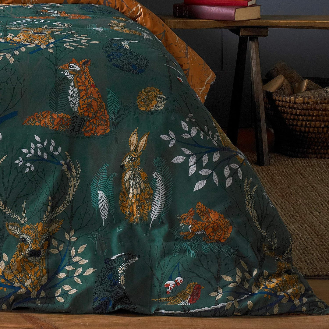 furn. Bettbezug-Set mit Waldfauna, Polycotton, smaragdgrün, Einzelbett Einzelbett Smaragdgrün, Einze