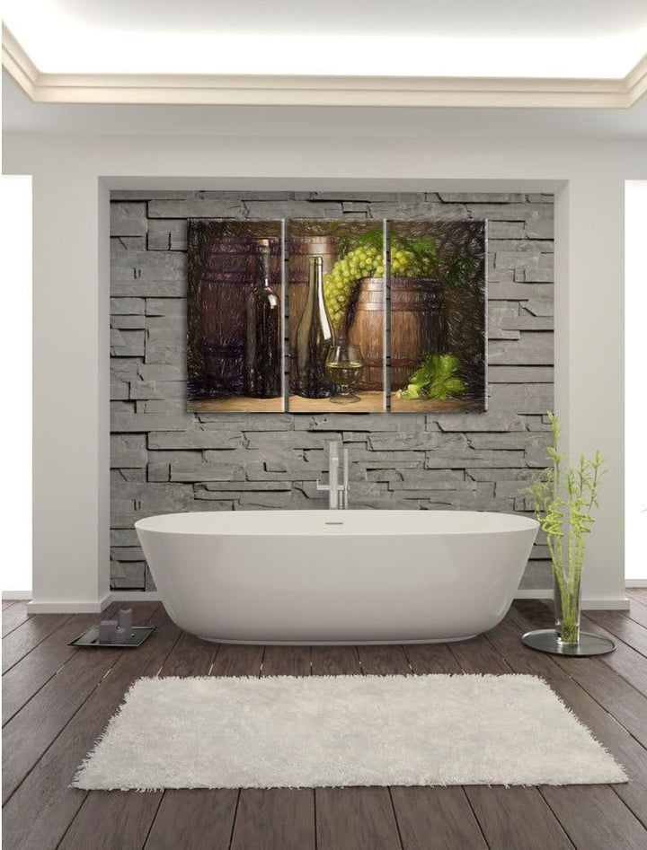 Pixxprint Fässer mit Weintrauben und Wein als Leinwandbild/Grösse: 3 Teilig (120x80 cm) cm/Wandbild/