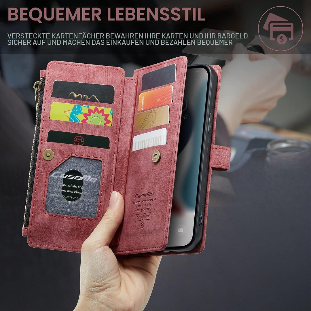 QLTYPRI Handyhülle für iPhone 13 Pro, Reissverschluss Hülle PU Leder Klapphülle Kartenfach Geldbörse