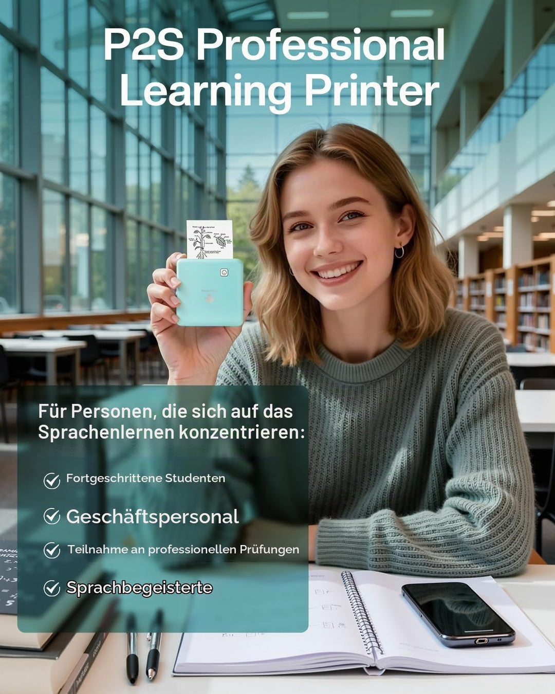 Phomemo Mini Drucker, P2S Aufkleber Drucker 300 DPI Mini Thermodrucker Bluetooth Fotodrucker, Studen