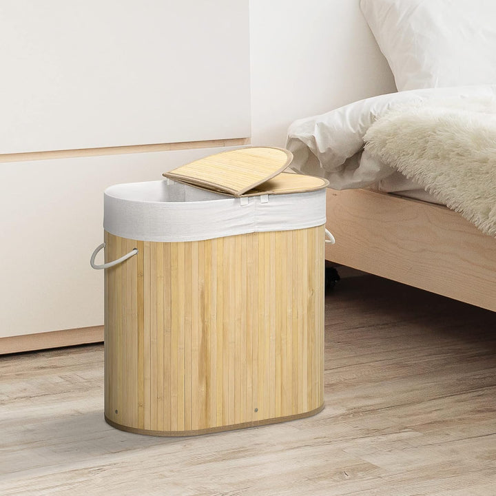 HOMCOM Wäschekorb 100L Wäschebox mit Deckel, Griff Wäschesortierer Wäschesammler mit 2 Abschnitten,