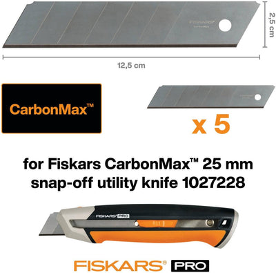 Fiskars Abbrechklingen, Für Fiskars Cuttermesser, 25mm, Rostfreier Stahl, 5er Pack, CarbonMax, 10272