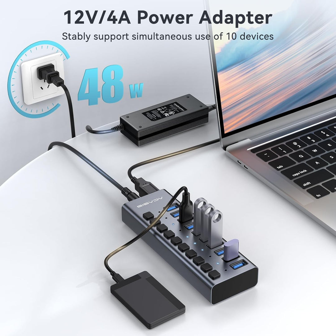 ACASIS Powered USB Hub,10 Ports USB 3.1 Hub mit 10Gbps Data Speed, Individuellen On/Off Schalter, 12