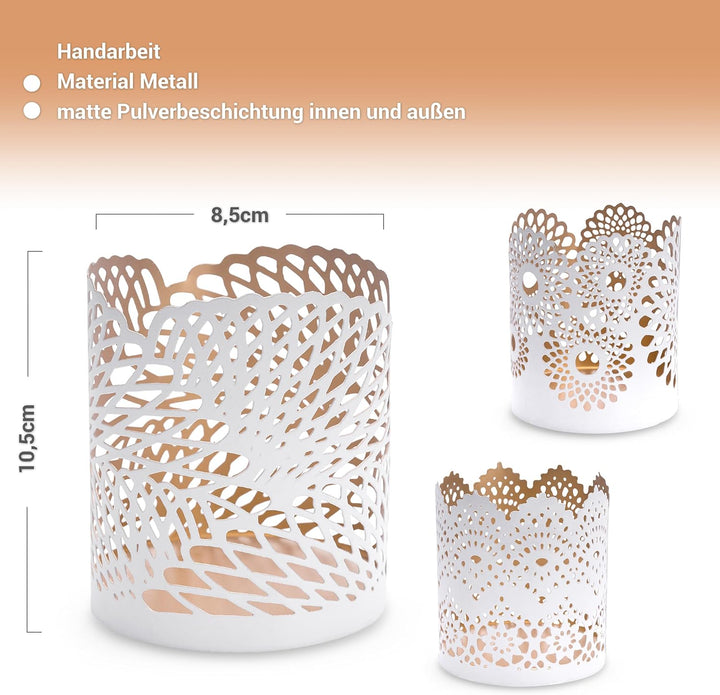 ZEYA Teelichthalter weiss Gold Metall, 3er Set Deko Teelichthalter, (H) 10,5 cm, Ø 8,5 cm, Tischdeko