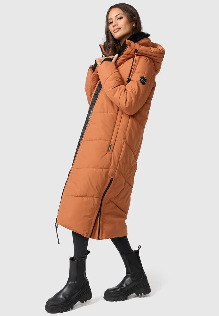 MARIKOO Damen Wintermantel Warmer Steppmantel lang mit Verstellbarer Kapuze und hohem Kragen Nadaree