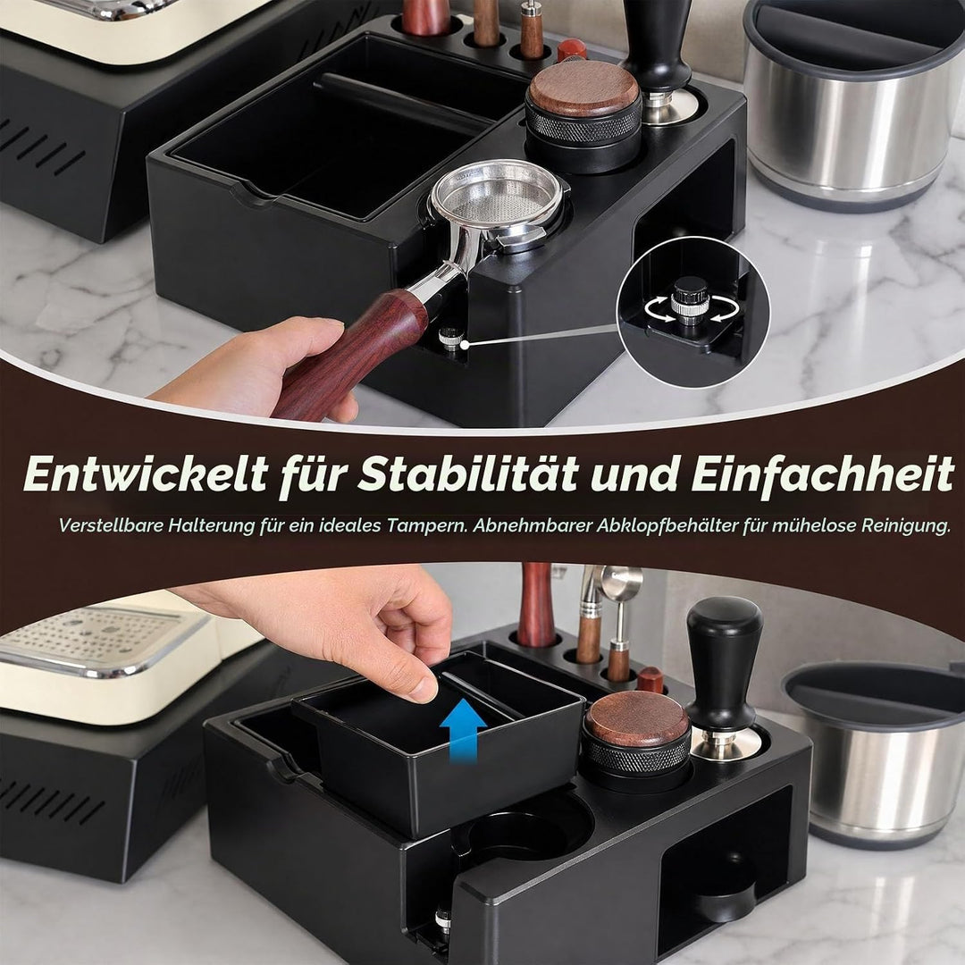 Espresso Tamperstation 51-54-58mm Tamperstation mit Abklopfbehälter 8-in-1 Coffee Tamping Station Sc