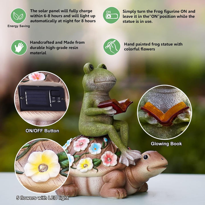 Yeomoo Solar Frosch Reiten Schildkröte Figuren Gartendeko für Draussen – mit Blumen LED Solarlampen