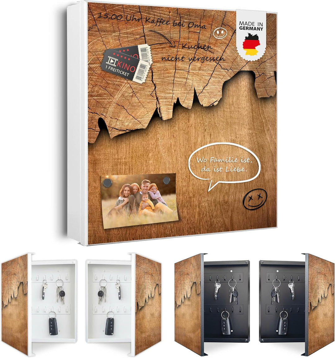banjado® Grosser Schlüsselkasten Glas/Schlüsselbox 30cm x 30cm mit 50 Haken - Motiv Holz/Schlüsselka