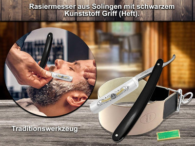 Rasiermesser Set mit Bartpflege Messer Schleifpaste aus Solingen und Extra breitem Abziehleder Strei