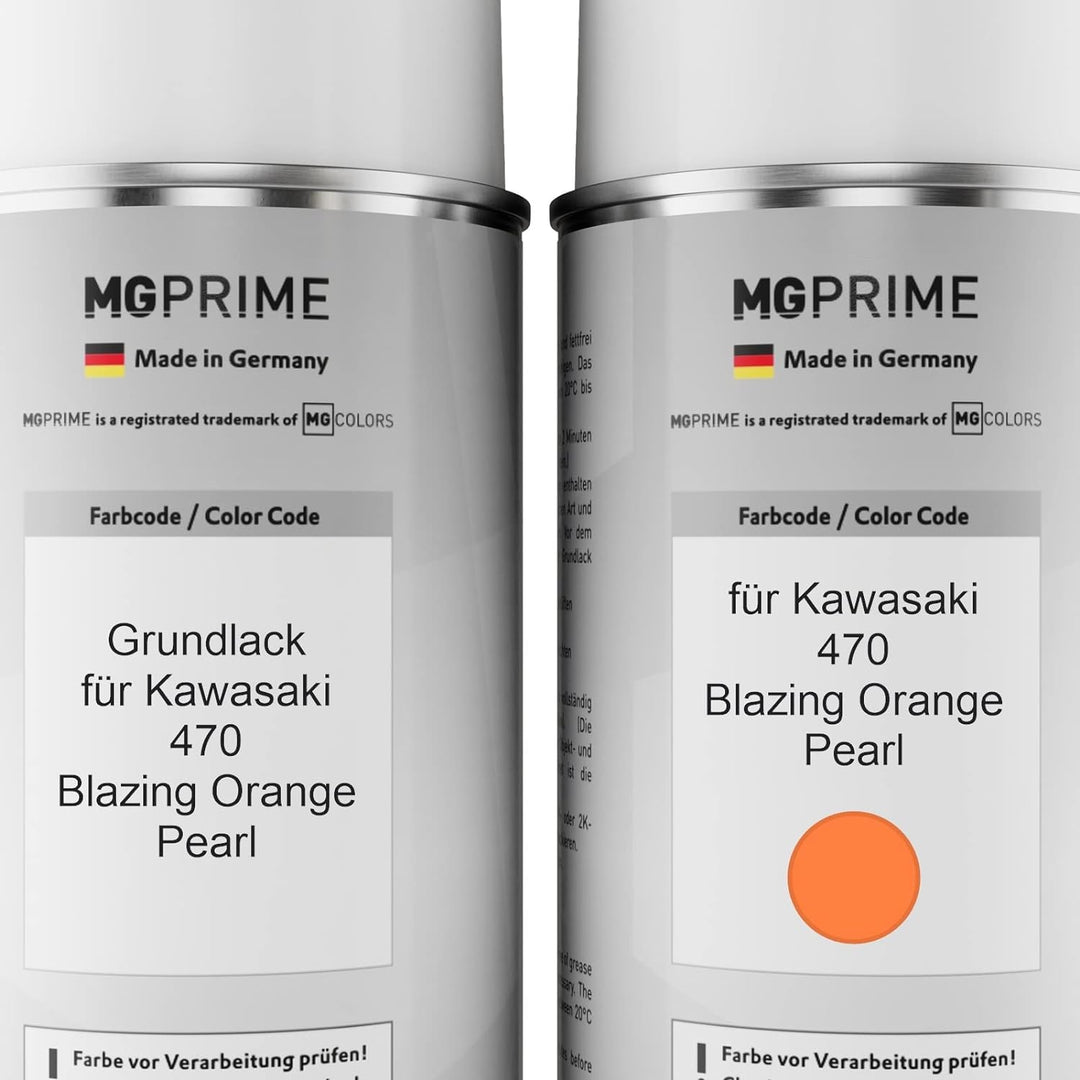 MG PRIME Motorradlack Sprühdosen Set für Kawasaki 470 Blazing Orange Pearl Grundlack Basislack Klarl
