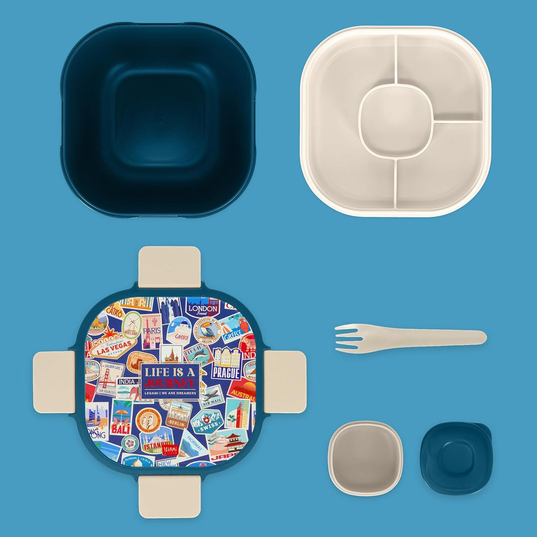 Legami – Lunchbox Travel Stickers, 1 Gabel, 1 Tablett mit Fächern, 1 herausnehmbarer Gewürzbehälter