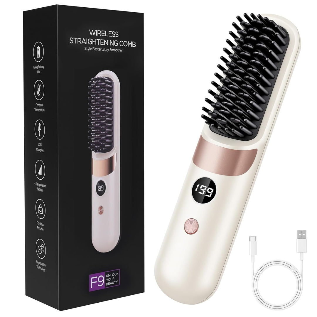 LOPHE Glättbürste, 2 in 1 Haarglätter Bürste mit LED Display, Hair Straightener Kabellos und Verbrüh