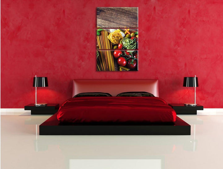 Pixxprint Pasta Italia mit frischen Tomaten und Gewürzen 3-Teiler Leinwandbild 120x80 Bild auf Leinw