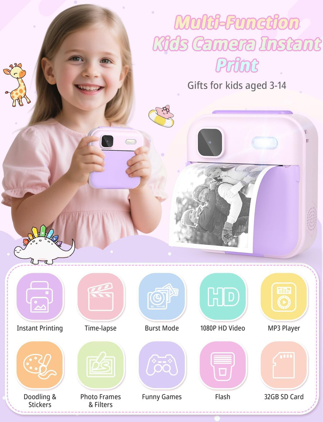 YOHOOLYO Sofortbildkamera Kinder 2,4 Zoll 1080P HD Kinderkamera mit 3 Rollen Druckpapier 32GB Karte