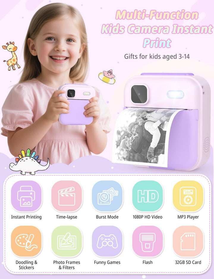 YOHOOLYO Sofortbildkamera Kinder 2,4 Zoll 1080P HD Kinderkamera mit 3 Rollen Druckpapier 32GB Karte
