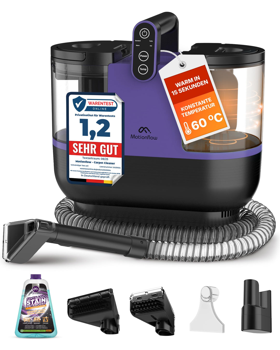 Motionflow Teppichreiniger Waschsauger mit Heizfunktion - 1200W Polsterreiniger Gerät für Teppiche,