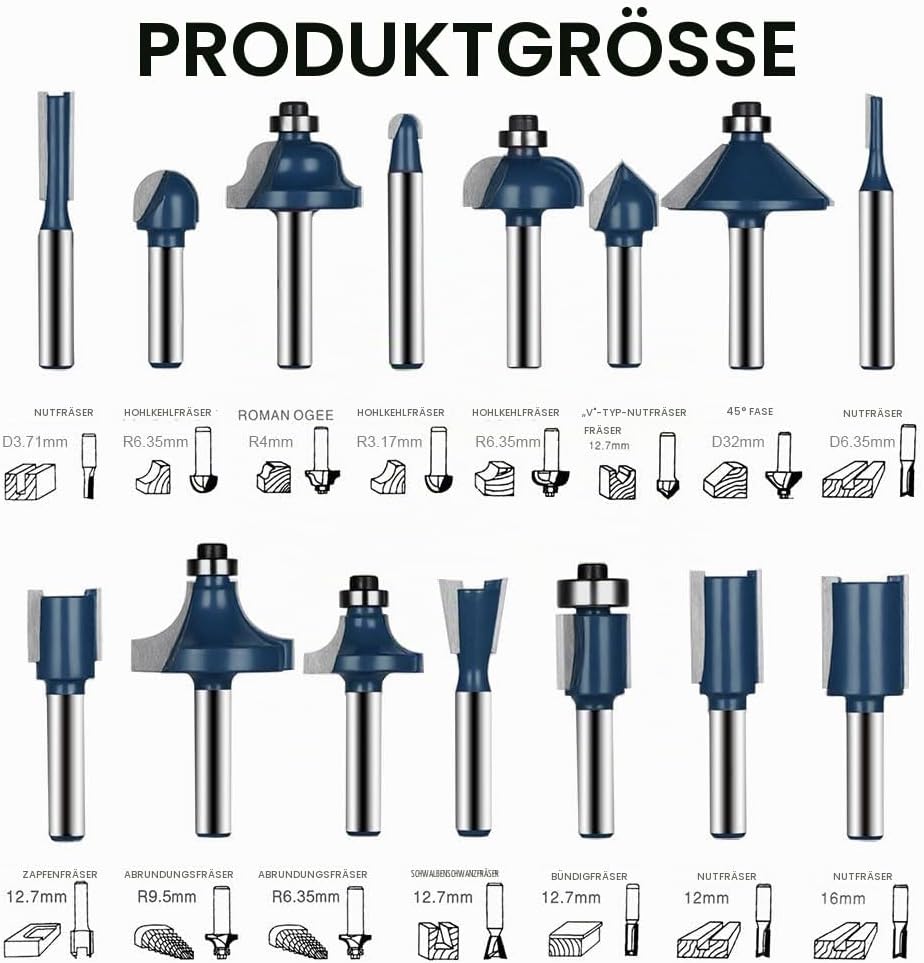 flintronic Fräser-Set, 6.35MM Fräsen Werkzeug Set, 15-tlg Holzkoffer Geschmiedeter Werkzeugstahl Obe