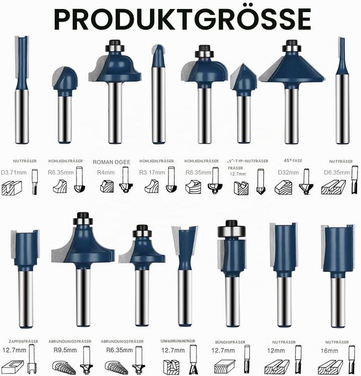 flintronic Fräser-Set, 6.35MM Fräsen Werkzeug Set, 15-tlg Holzkoffer Geschmiedeter Werkzeugstahl Obe