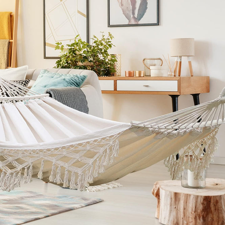 Hängematte Outdoor Boho-Stil für Garten, Balkon, Terrasse, Indoor, mit gebogener Holzstange, Befesti