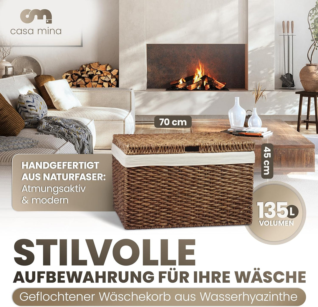 Casa Mina® Wäschetruhe mit Deckel 70 x 44 x 45cm hoch I Atmungsaktive Wäschetruhe geflochten aus 100