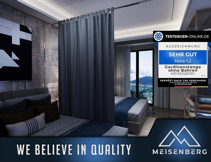MEISENBERG Rostfreie Gardinenstange ohne Bohren 210-260cm, Ø32mm belastbare Edelstahl Klemmstange zu
