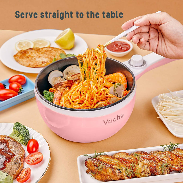 Vocha Elektrische Pfannen, Hot Pot, Antihaft-Bratpfanne Elektropfanne mit Glasdeckel, 1,5 l Mini-tra