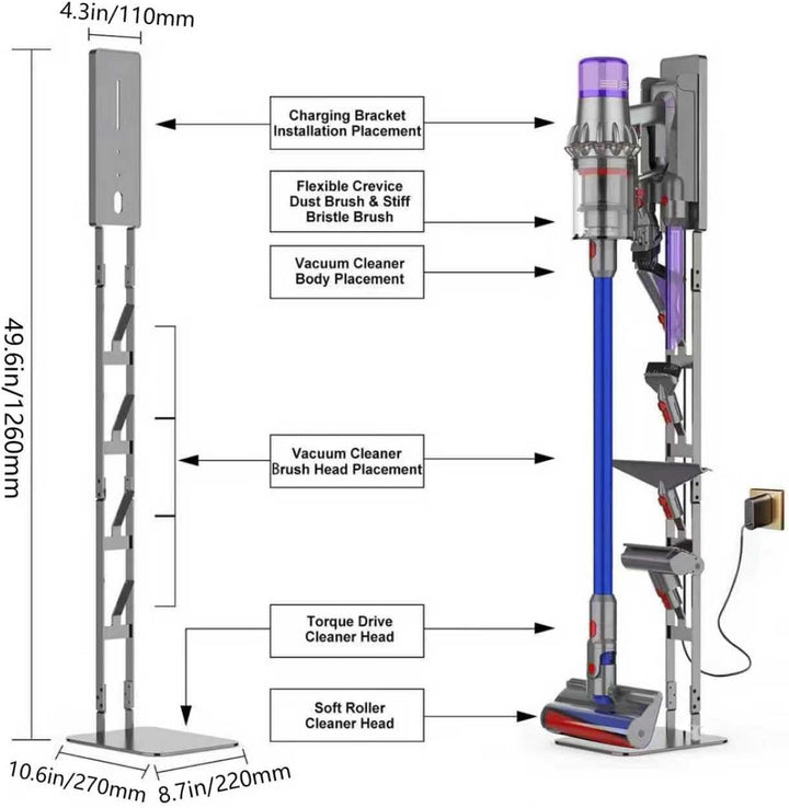 Robuster Vakuumständer aus Karbonstahl für Dyson - Wandmontiertes platzsparendes Design, kein Bohren