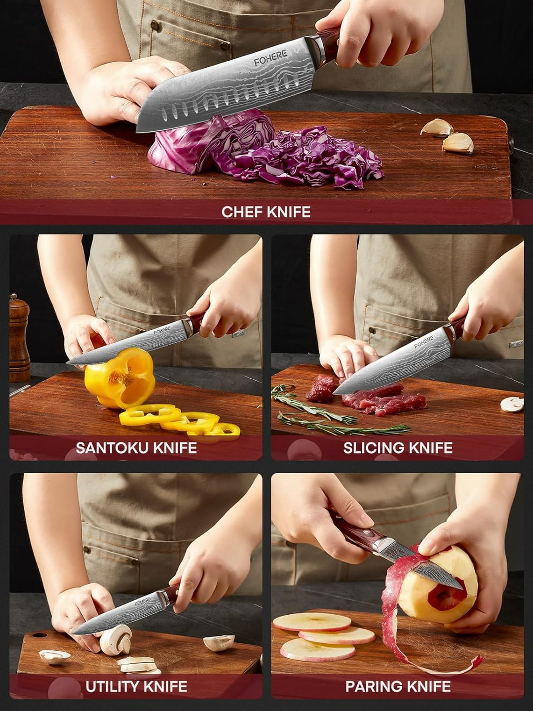 FOHERE Messerset, 5-teilig Ultra Scharfes Küchenmesser Set, Hochwertigem Carbon Edelstahl Messer Set