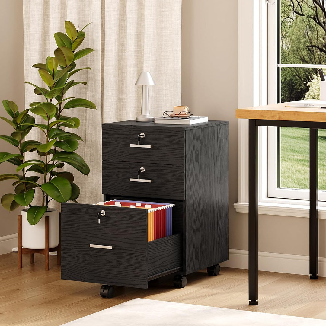 Bonnlo mobiler Aktenschrank 3 Schubladen für Büro,Homeoffice, schwarz,Holz, Schwarz