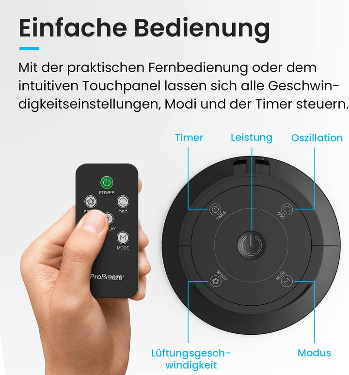 Pro Breeze Premium Design Turmventilator mit Fernbedienung, Timer & Oszillation, 117cm hoch - Standv