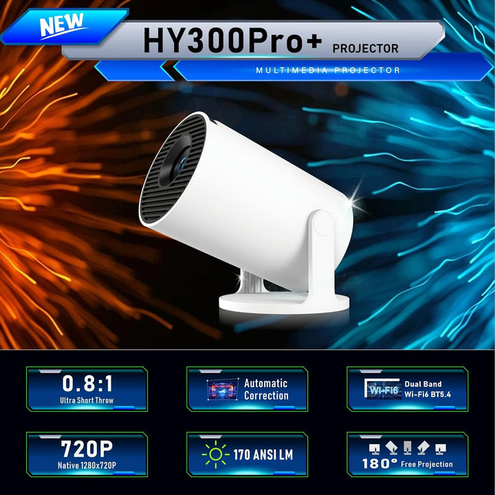 HY300 Pro+ Mini Portable Projector, Smart Projector Auto Horizontal Correction 1080P, Brightness 200