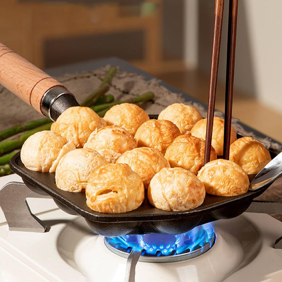 Tissting Takoyaki Pfanne Grillpfanne 14 Löcher 3,6cm Loch Antihaft Gusseisen Oktopus Pan mit Abnehmb