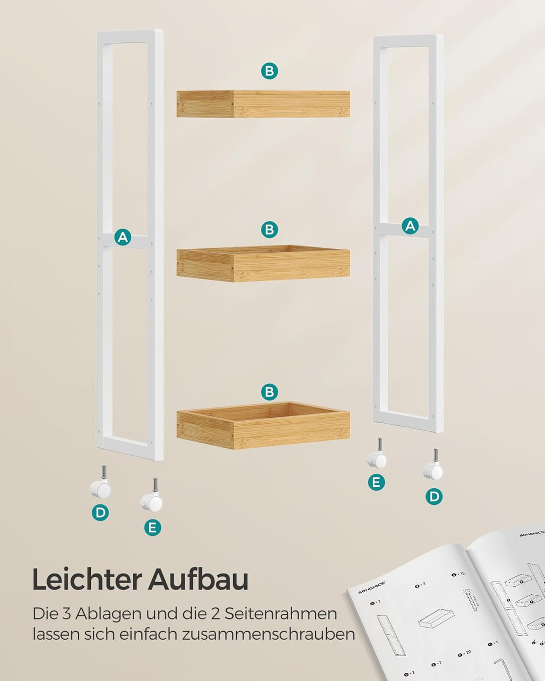 SONGMICS Rollwagen, Badregal, Badezimmerregal mit 3 Ebenen, Nischenregal Bambus, Regal schmal, Nisch
