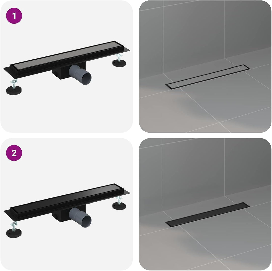 2 in 1 Duschabfluss Schwarz Edelstahl 304, 60 cm Länge, höhenverstellbar 0-30 mm, mit verstellbaren