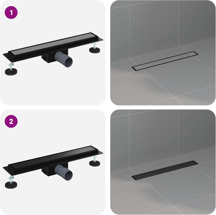 2 in 1 Duschabfluss Schwarz Edelstahl 304, 60 cm Länge, höhenverstellbar 0-30 mm, mit verstellbaren