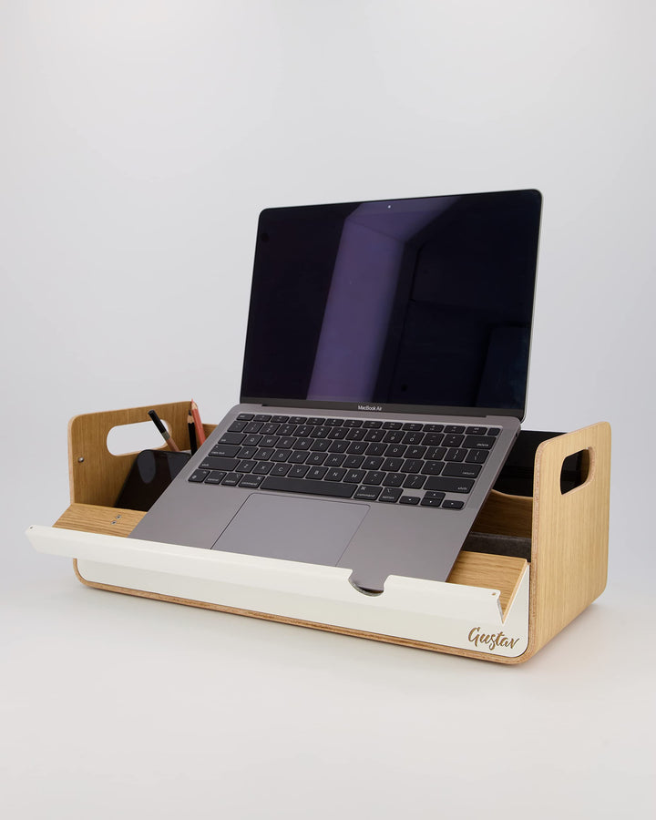 Gustav XL Laptopständer & Organizer aus Holz – Tragbarer Schreibtischaufsatz, ergonomisch, inkl. Han