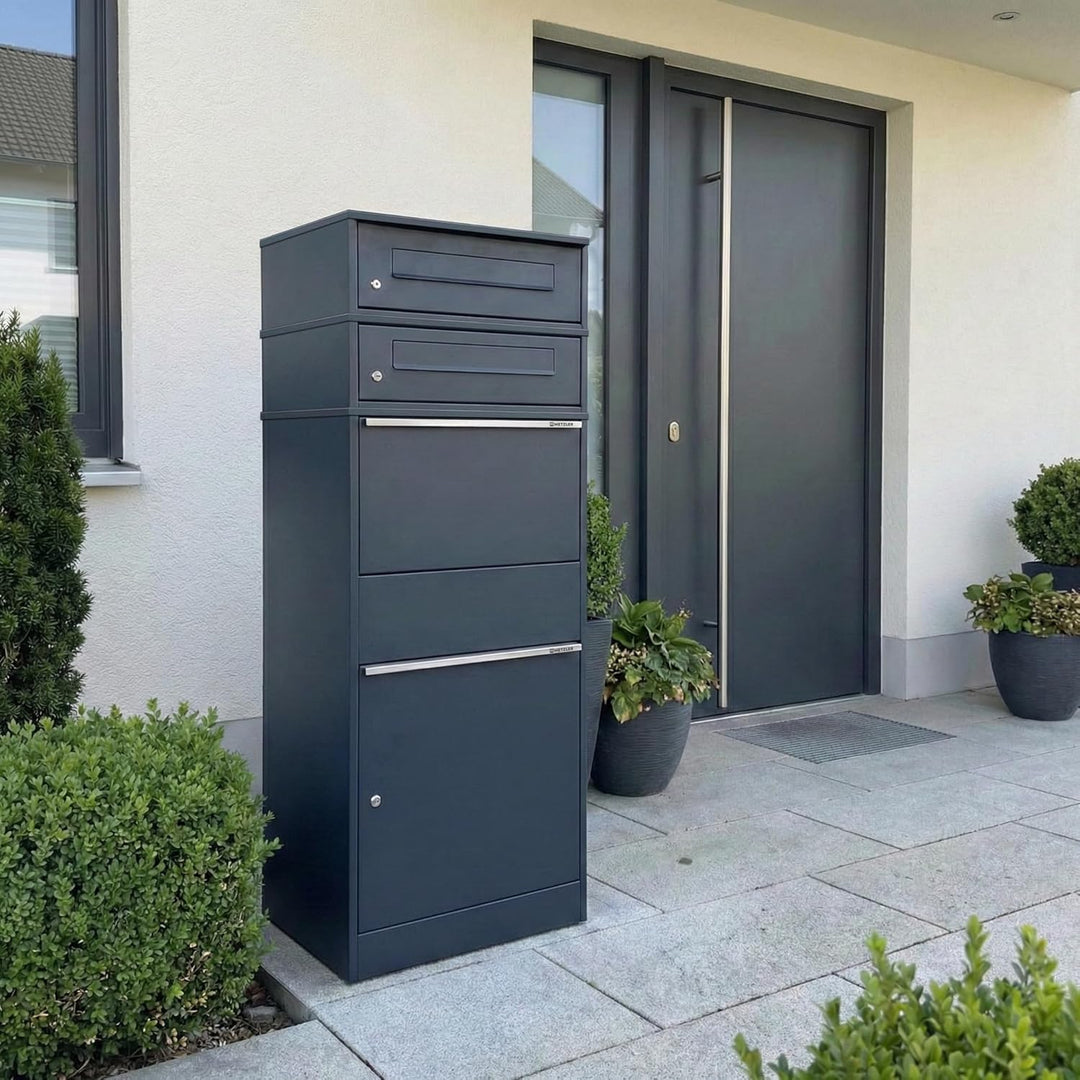 Metzler Paketbox mit 2 Briefkästen – XXL 2er Briefkasten mit Paketfach, rostfrei und wetterfest – gr