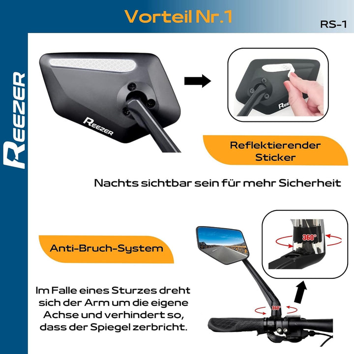 REEZER Fahrradspiegel rechts mit extra grosser Spiegelfläche - 360° verstellbarer Fahrrad Spiegel fü
