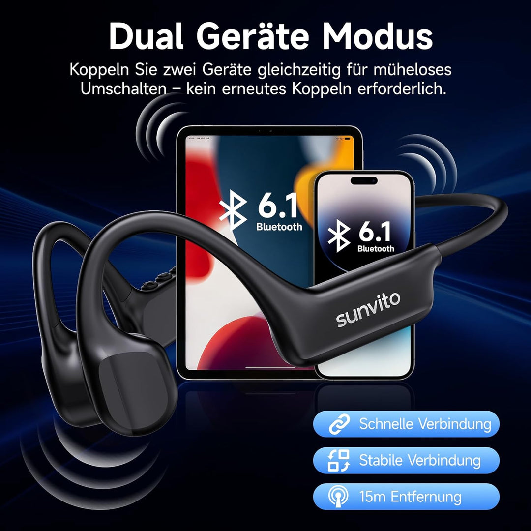 Knochenleitung Kopfhörer Bluetooth 6.1, IPX7 wasserdichte Open-Ear Kopfhörer mit Mikrofon, leichte B