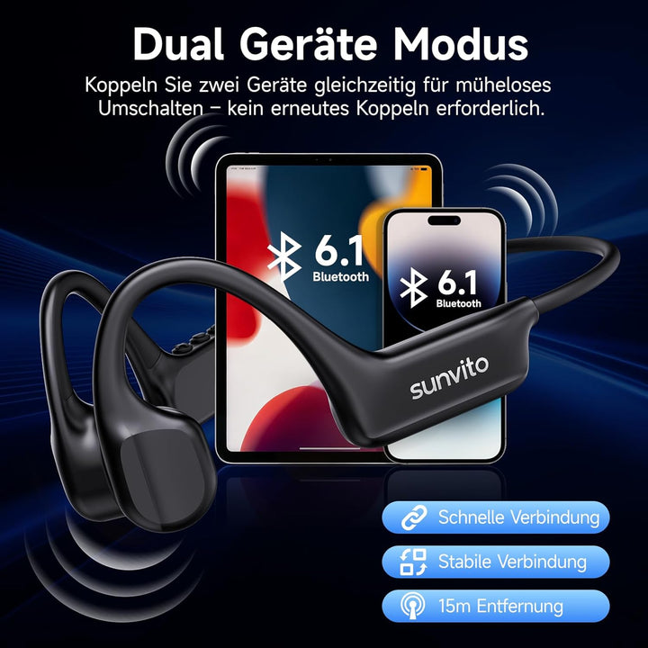 Knochenleitung Kopfhörer Bluetooth 6.1, IPX7 wasserdichte Open-Ear Kopfhörer mit Mikrofon, leichte B